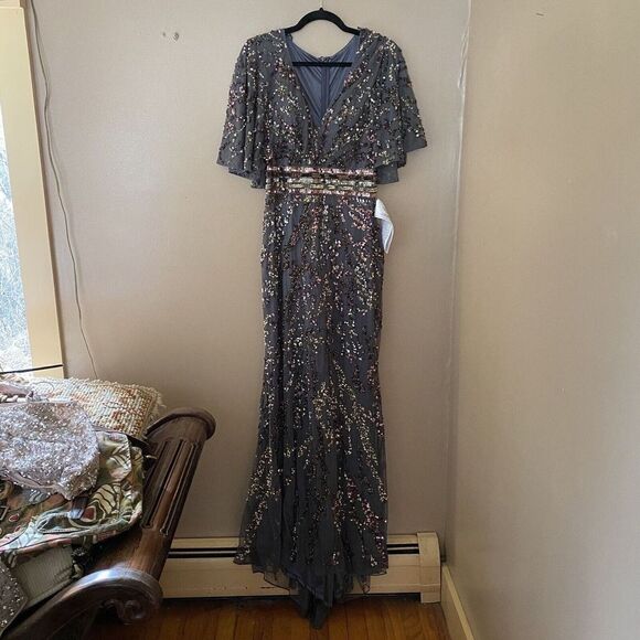 NWT Mac Duggal Charcoal Embellished Flutter Sequin Gown Dress Sz 8 $695 #5439 - Picture 9 of 12